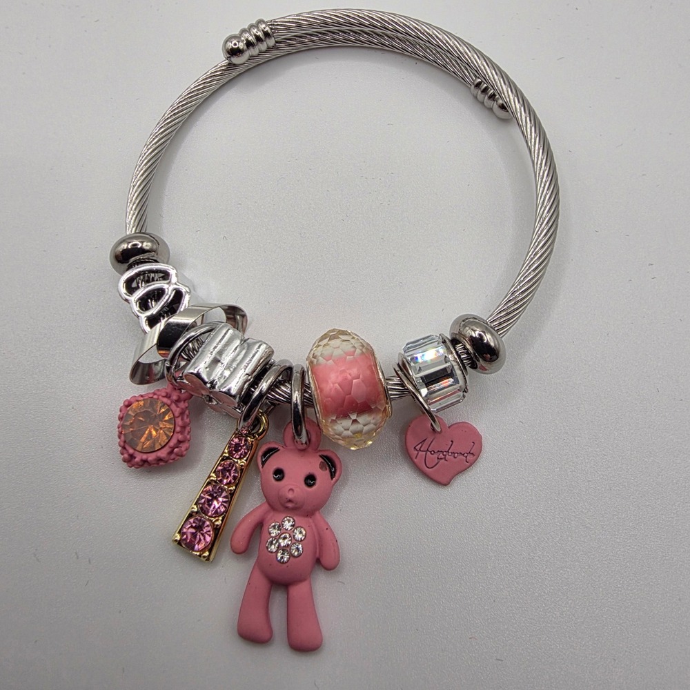 Pink Teddy Bear Charm Cable Bangle Bracelet Silver Tone Heart Hope Rhinestone